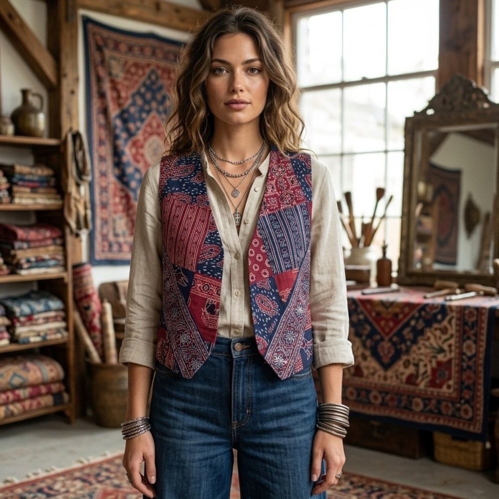 Women's Reversible Vest Open Front Western Cowgirl Patchwork Retro Y2K Size 1X